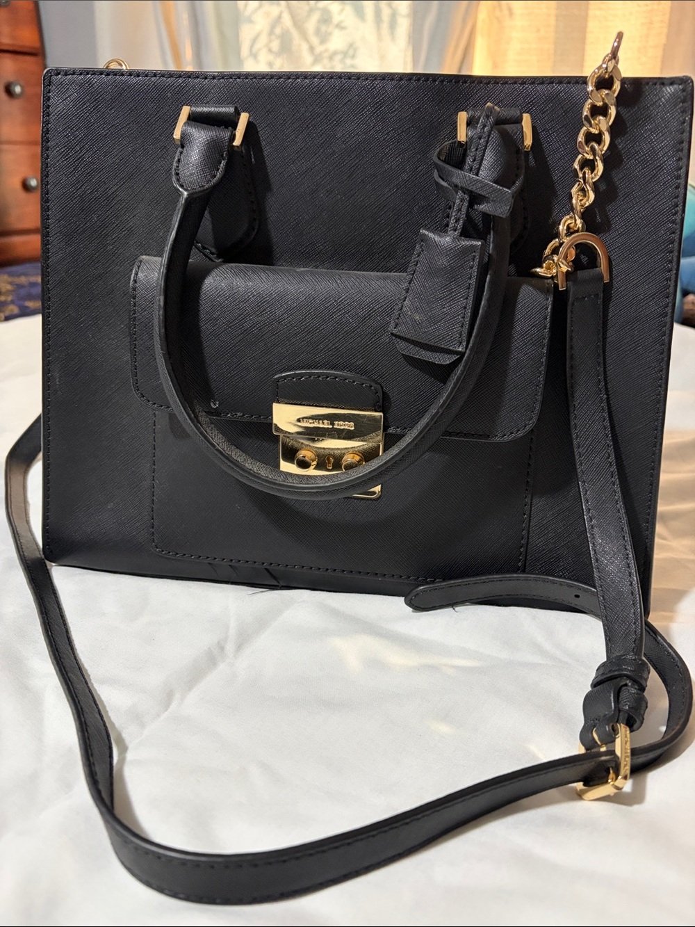 Michael Kors Black Saffiano Leather Satchel with Gold Hardware